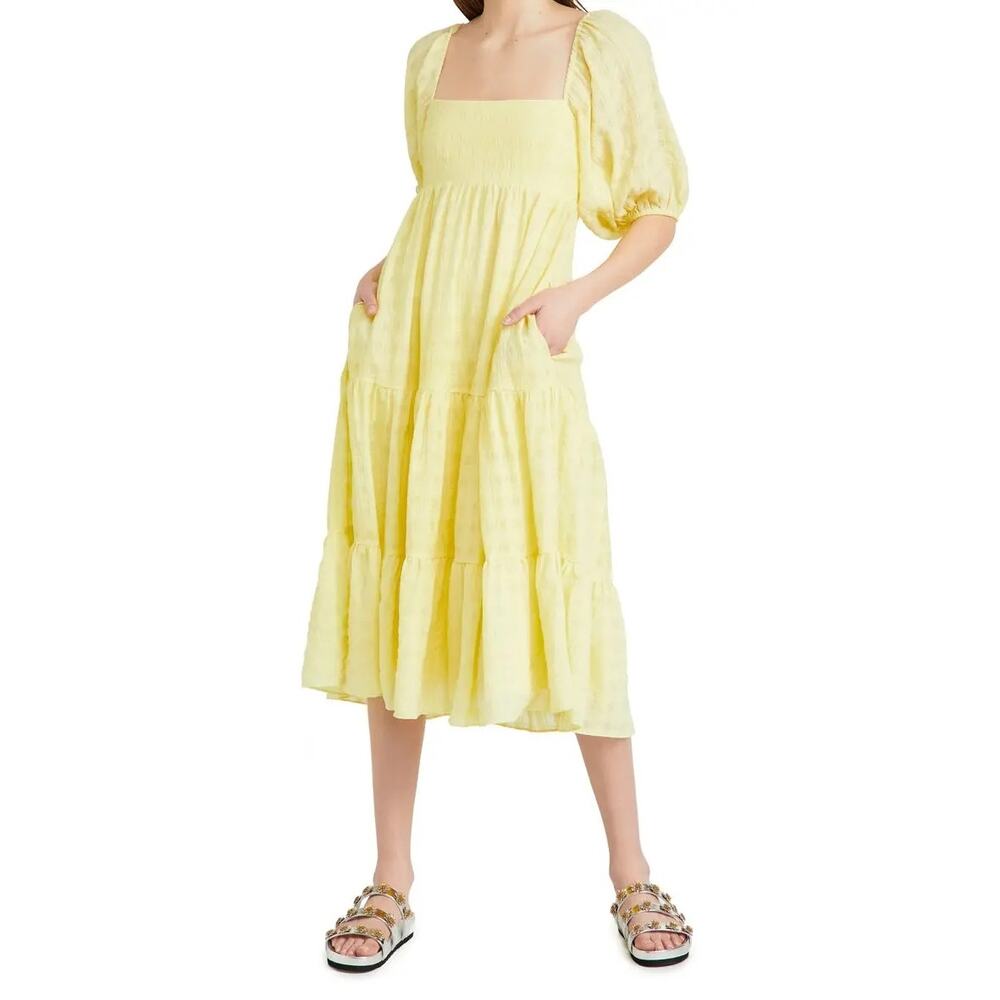 Amanda Uprichard Maisie Midi Dress Yellow Sz M Puff Sleeve Tiny Dirt Spot
